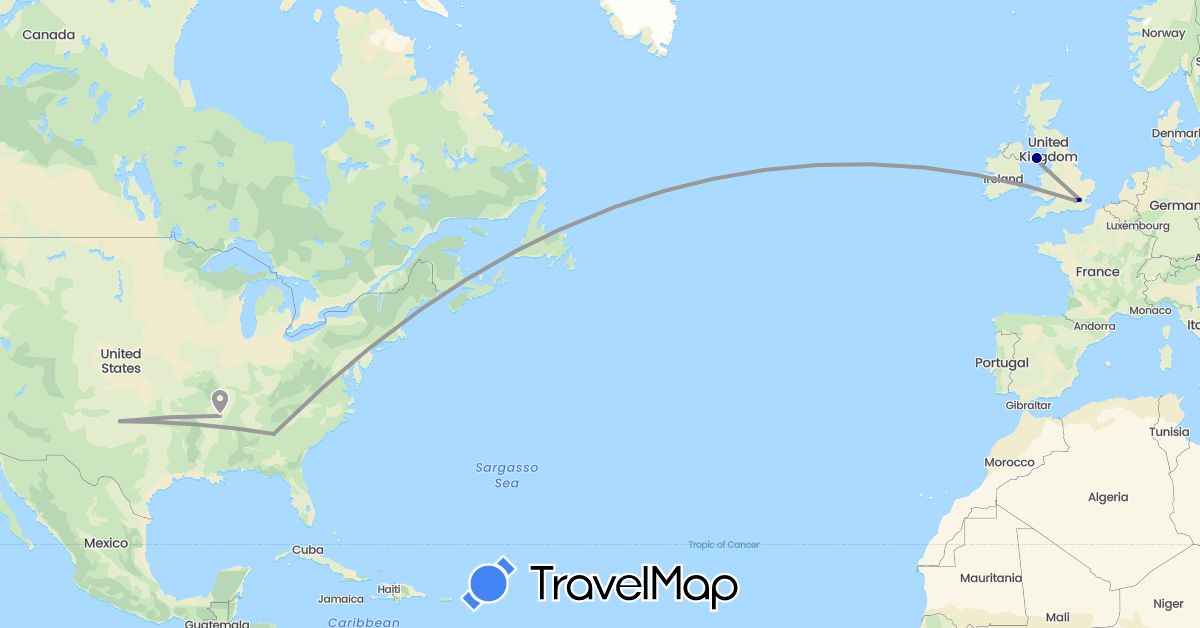 TravelMap itinerary: driving, plane in United Kingdom, Isle of Man, United States (Europe, North America)